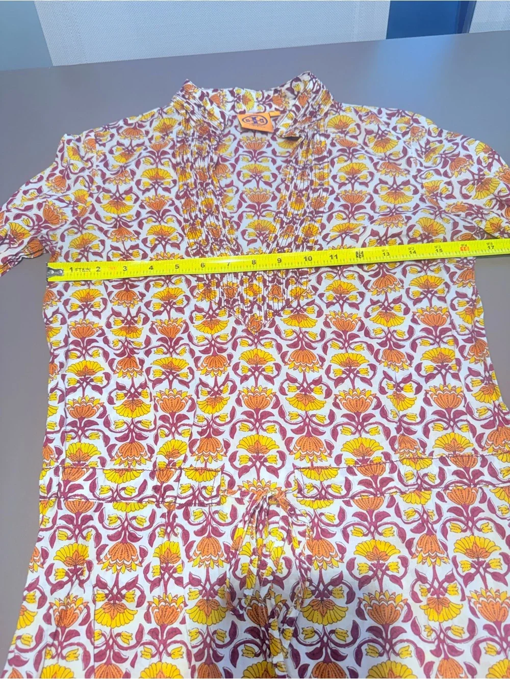 Tory Burch Cotton Mustard Yellow & Burgundy Floral Print Tunic Size 0 XS